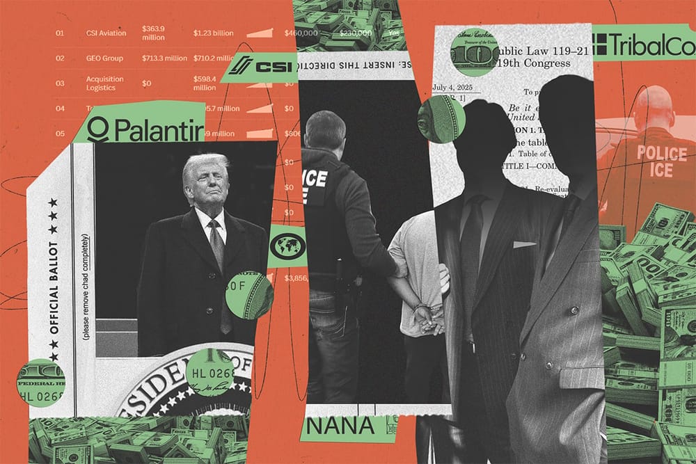 Collage of U.S. President Donald Trump, a ballot, money, an ICE agent with a handcuffed man, obscured men wearing suits, and ICE contractor logos.
