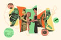 Collage of a cash register, a woman with a face mask, an older woman holding a bowl and a younger store staff assisting, a backhoe, a man shoveling, a question on the census, money, and the outline of the U.S. map.