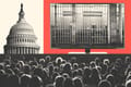 Collage of a crowd, the Capitol building, and a screen showing a jail.