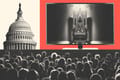 Collage of a crowd, the Capitol building, and a screen showing an electric chair.