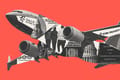 Collage of an airplane, the Salus Worldwide Solutions logo, CSI Aviation logo, GEO logo, ICE agents, money, court documents, and people lined up.