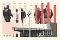 Collage of an ICE detention center, check boxes, ICE agents with detainees, a bar chart and pieces of a document.