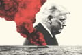 Collage of U.S. President Donald Trump and smoke coming off a boat in the middle of the ocean.