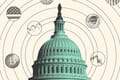 Collage of the Capitol building and circles around it. The circles contain images of stock trend lines, cryptocurrency, money and the U.S. flag.