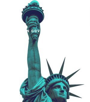 The Statue of Liberty raising her torch in front of the POGO logo