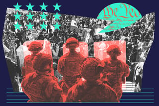 Collage of the Constitution, stars, and U.S. soldiers holding riot shields facing a crowd of Los Angeles protesters.