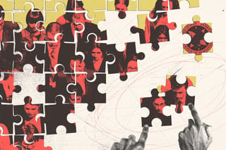 Collage of puzzle showing a group of employees, and two pieces pulled to the side with hands pointing at them.