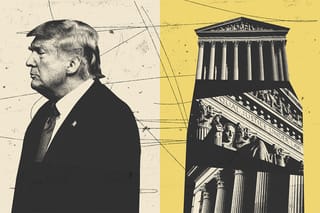 U.S. President Donald Trump facing away from clippings of the Supreme Court building.