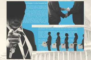 Collage of a businessman holding a whistle and pointing, a line of terminated employees, and two men exchanging money while shaking hands.