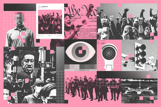 Collage of a menacing eye, protestors with hands raised, riot police, a drone, security cameras, a blurred man's face, a social media post, a protestor holding a megaphone, and the Constitution.