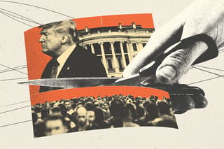 Collage of a big hand and scissors cutting a photo in half. Top half: U.S. President Donald Trump and the White House. Bottom: A crowd of people.