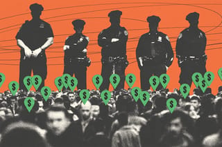 Collage of a large crowd with location markers and dollar signs on their heads and a looming group of police officers.