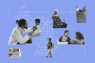 Collage of a Michigan county map, a grocery shopper, a bag of groceries, a school lunch tray, a doctor treating a toddler, a child eating an apple, and two schoolchildren eating lunch.