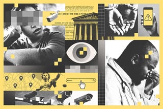 Collage of a surveilling eye, an upset woman, security cameras, the Supreme Court, cuffed hands, a phone, a frustrated doctor, and location trackers on a map.