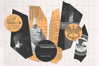 Collage: paper clippings of the National Archives logo, a man blowing a whistle, money, an executive order, the FOIA Improvement Act of 2016, a politician on a podium, the
Caduceus, and the DOJ seal.