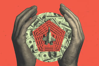 Collage of two hands caging in hundred dollar bills, the Pentagon, and an F-35.