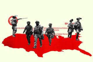 Soldiers in uniforms and wearing riot gear march over a map of the U.S. A clipping of a recent memo by Defense Secretary Pete Hegseth is partly visible behind the soldiers.