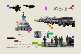 Collage of the U.S. Capitol, the Constitution, a magnifying glass, military vehicles, F-35s, money, and soldiers.
