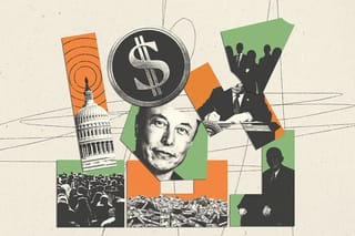 Collage of angular puzzle pieces that contain photos of the Capitol building, a crowd of people, money, a judge, and U.S. President Donald Trump signing an executive order. A second layer of shapes of the DOGE seal, Elon Musk, and obscured employees don't align with the puzzle pieces.