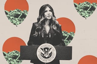 Collage of Department of Homeland Security (DHS) Secretary Kristi Noem standing at a podium with the DHS logo. Behind her, balloons filled with money float away.