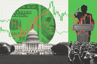 Collage of the U.S. Capitol building, $100 bills, stock lines, a crowd, and a politician's silhouette.