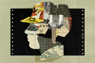 An Army soldier in profile comprised of collage clippings of extremist photos