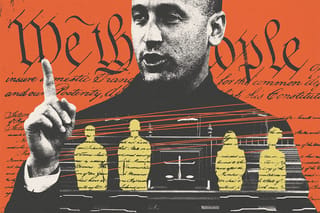 Collage of White House Deputy Chief of Staff for Policy Stephen Miller raising a finger, a shadowy courtroom, silhouettes of people, scribbles, and the Constitution.