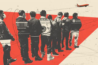 Collage of immigrants with handcuffs and shackles waiting to be deported. Clippings of money and documents with the CSI logo layer on top of their silhouettes. In the distance, an airplane takes off.