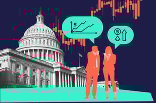 Collage of the U.S. Capitol building, a stock trading graph, and two people furtively discussing stocks and profit.