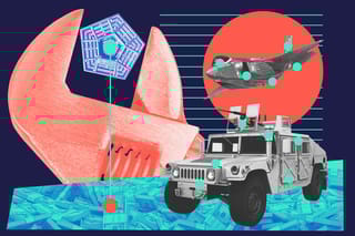 Collage of money, an armored vehicle, an F-35, and a big wrench holding the Pentagon.