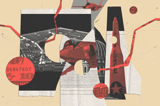 Collage of paper clippings containing images of the pentagon, the F-35 fighter jet, the capitol, money, and an intercontinental ballistic missile.
