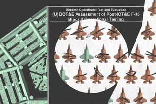 Collage of a lineup of broken down F-35s, the Pentagon, and the cover of the DOT&E assessment report of the F-35.