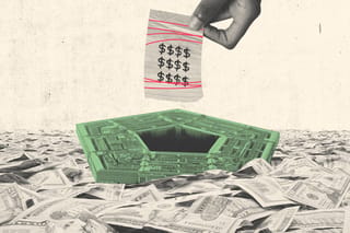 Collage of a hand holding out a wish list toward the Pentagon building settled on top of a sea of money.