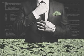 Collage of a businessman with a small Pentagon peeking out of his pocket fixing his tie while standing in a waist-high sea of money.