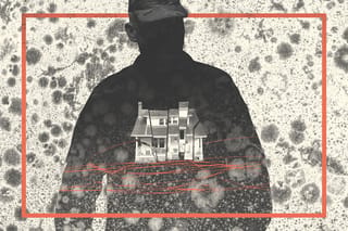 Collage of an obscured soldier and a broken home surrounded by mold spores.