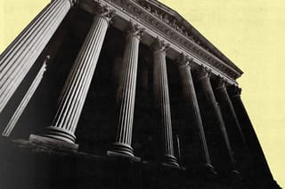 The Supreme Court building looming, its lower half fading into darkness