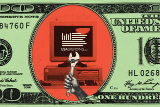 Collage of a $100 bill with the portrait removed, revealing a computer with the USAspending.gov logo and a hand holding a wrench.