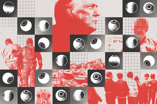 Collage of eyeballs looking in all directions, U.S. President Donald Trump, a line up of people detained, an ICE agent holding a detainee, an ICE badge, money, and a man with a pixelated face.