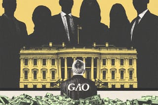 Collage of an obscured group of people, the White House, man in a suit with the GAO logo on his back, and stacks of money.