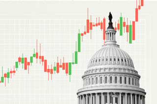 Collage: a red and green stock trading line climbs behind the U.S. Capitol building