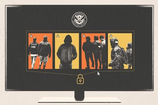 Collage of dark computer monitor with images on the screen of DHS, CBP, and ICE agents and men with their ankles shackled. A digital lock and chain with the DHS logo above it contains the images.