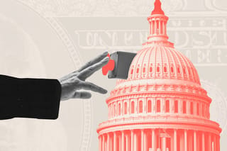 Collage of a hand pressing a shutdown button on the U.S. Capitol building dome. In the background, a hundred dollar bill looms.