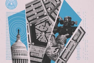 Collage of a clipping of a DOT&E document and seal, and pieces of the Pentagon containing images of the Capitol building and a soldier aiming a XM7 rifle.