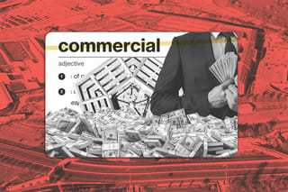 Collage of an aerial shot of the Pentagon building, a cutout of the definition of the word "commercial", a smaller Pentagon, stacks of money, and a contractor hiding money.