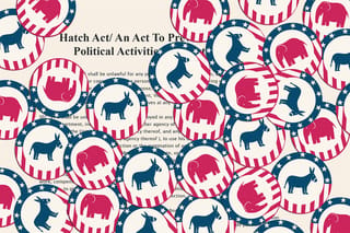 Multiple Republican and Democratic Party stickers cover the Hatch Act.