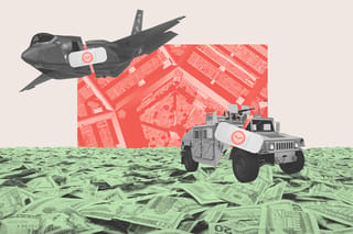 Collage of a sea of money, a broken F-35, and a broken military vehicle covered in bandages labelled with the DOD logo. Behind, a large clipping of the Pentagon building looms.