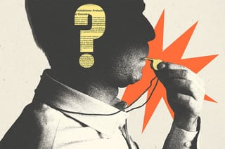 Collage of an obscured employee blowing a whistle and a big question mark overlayed with a document clipping.