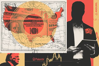 Collage of a U.S. map with money and concentric circles over it, U.S. President Donald Trump, stock charts, and a man holding a tablet and with money in his pocket.