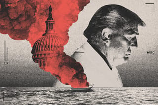 Collage of U.S. President Donald Trump, smoke coming off a boat in the middle of the ocean, and the Capitol building inside of the smoke.