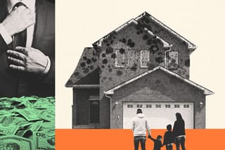 Collage of family staring at a moldy house, a person with a suit, and money.
